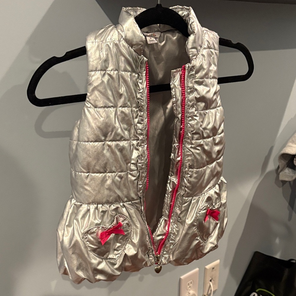 Silver Kids Puffer Vest with Pink Accents